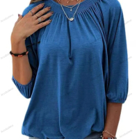 Едноцветна свободна дамска тениска с кръгло деколте и 3/4 ръкави, 8цвята , снимка 3 - Тениски - 44527835