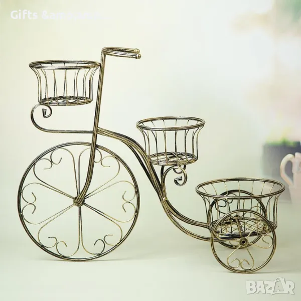 Поставка за 3 саксии - Велосипед, метална в златно, снимка 1