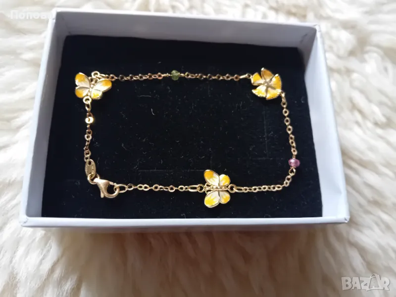 Уникални!Маркова италианска златна гривна 18к. и сребърен  медальон с пеперуди ипозлата  , снимка 1