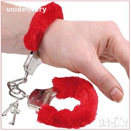 Метални белезници с пух, 2 ключета и копче за отключване, снимка 1