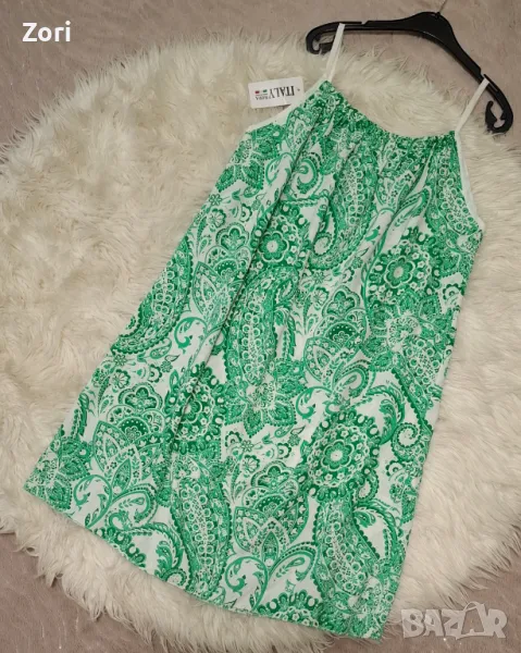 СУПЕРТЪНИЧКА и МНОГО ЛЕКА памучна рокля с тънки презрамки в зелени шарки, снимка 1