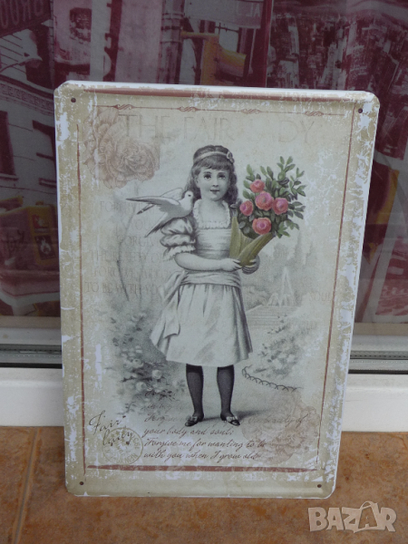 Метална табела разни момиче гълъб рози мир ретро диадема цветя, снимка 1