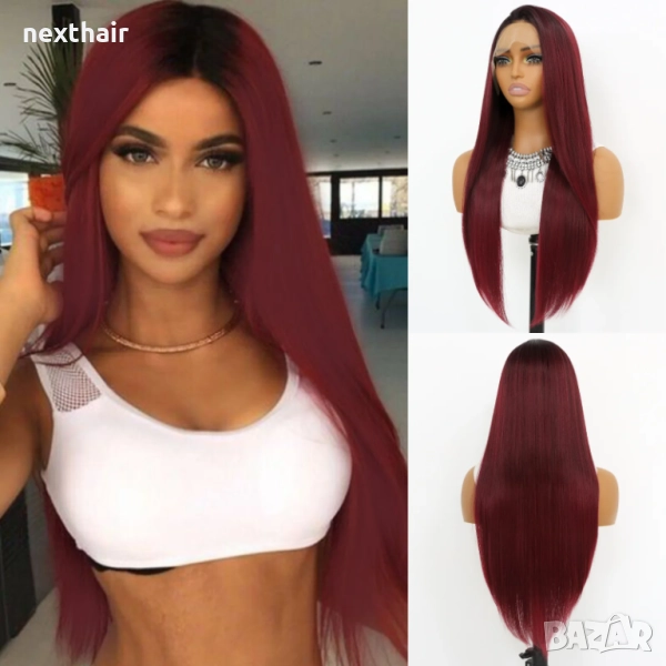 Бордо синтетична перука с тъмни корени и с дантела отпред 13x4, снимка 1