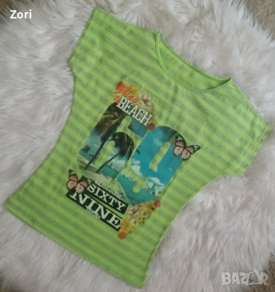 Тениска в неонаво зелено райе с щампа, снимка 1
