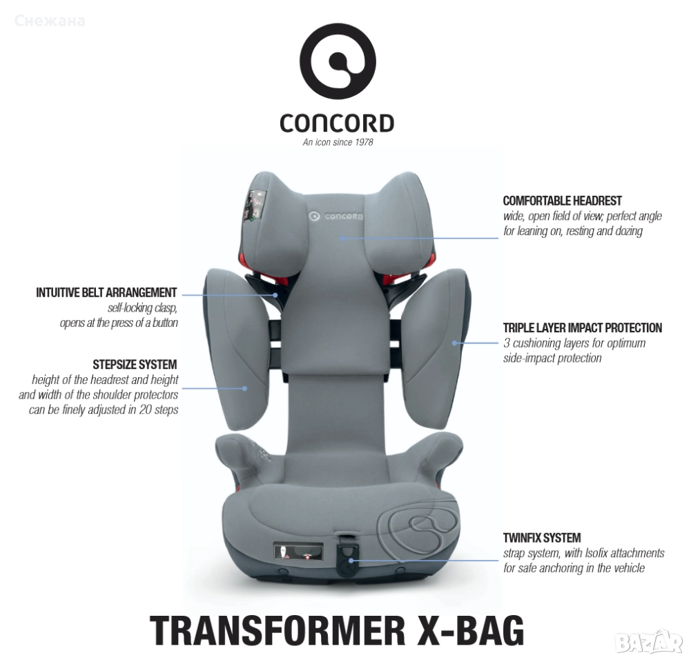 МНОГО ЗАПАЗЕНО детско столче  за 15-36 кг/3-12 год. Trasformer X-bag на Concord, снимка 1