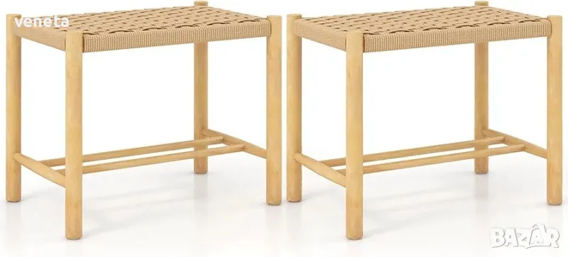 2 бр. Кухненски трапезарен комплект 18" с плетена седалка от хартиено въже Каучукова дървена рамка, снимка 1