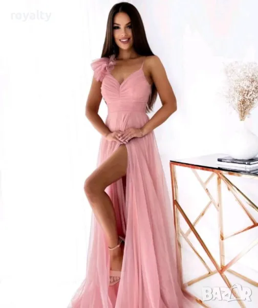 Дамска дълга официална розова рокля с панделка, снимка 1