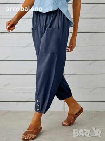 Свободни скъсени широки дамски панталони от памук и лен с висока талия, 10цвята , снимка 3 - Панталони - 41579956