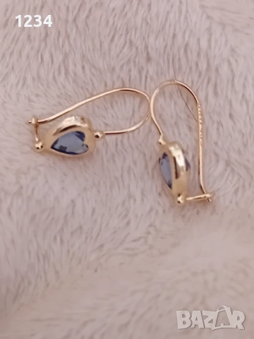 Златни обеци с аквамарини сърца, снимка 2 - Обеци - 53140212