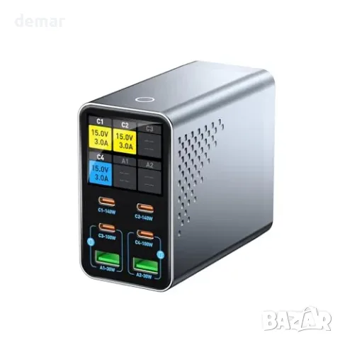 Настолна GaN зарядна станция с 6 порта и LCD дисплей, USB-C до 140 W, снимка 2 - Оригинални зарядни - 56216840