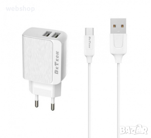 Мрежово зарядно DETECH за мобилен телефон с кабел MICRO USB и 2 изхода за USB 5V 2,4A, снимка 1 - Кабели и адаптери - 36166456