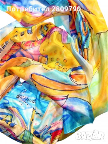 Оригинален копринен шал с градски мотиви на червена лодка в пристанището на Несебър / Original Scarf, снимка 9 - Шалове - 34758777