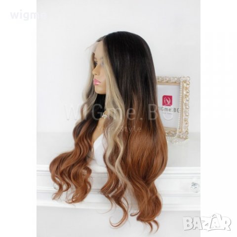 Дълга тъмнокестенява омбре перука на светли кичури Флоренс, снимка 4 - Аксесоари за коса - 34600434