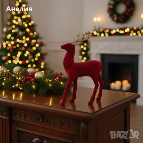 Червен кадифен елен за коледна украса, снимка 2 - Декорация за дома - 52657800