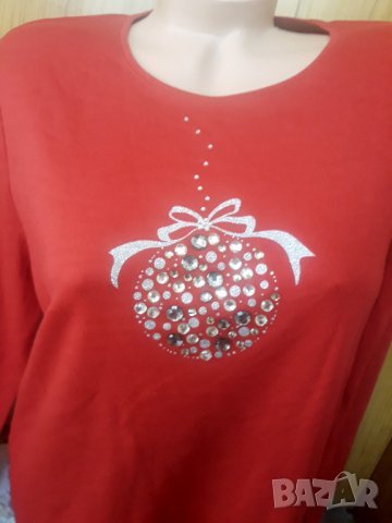 Червена блуза с декорация камъчета Коледно топче Л, снимка 3 - Блузи с дълъг ръкав и пуловери - 34243405