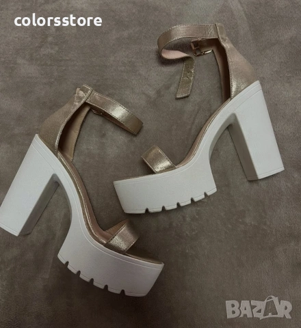 Сандали на ток - златиста кожа с бяло ходило - 624 