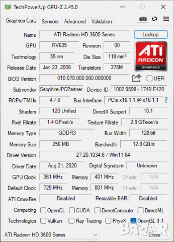 Видео карта ATi Radeon Sapphire HD 3650 256MB GDDR3 128bit PCI-E, снимка 7 - Видеокарти - 36245424