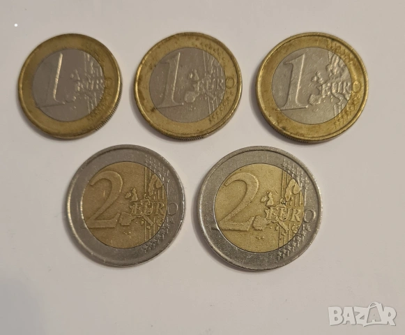 Лот от 5 бр евро монети 1€ и 2€ Испания, Германия, Франция, Нидерландия