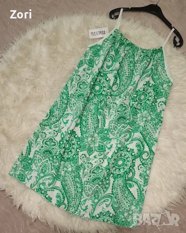 СУПЕРТЪНИЧКА и МНОГО ЛЕКА памучна рокля с тънки презрамки в зелени шарки, снимка 1