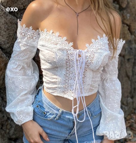 Секси топ памук, Топ дантела , Блуза памук с дантела, снимка 2 - Корсети, бюстиета, топове - 41057352