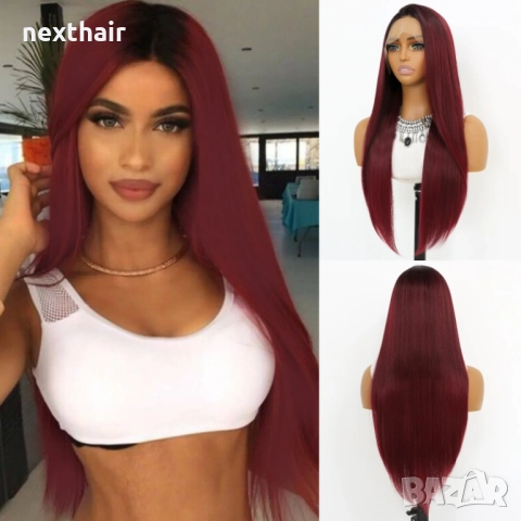 Бордо синтетична перука с тъмни корени и с дантела отпред 13x4
