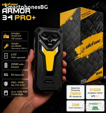 Ulefone Armor 34 Pro+ 5G 32GB RAM 512GB ROM с Проектор и с IP68 защита