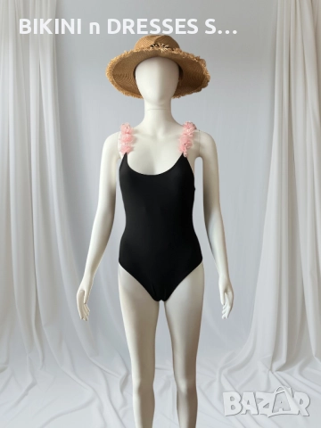 Цял черен бански с цветя рози, снимка 1