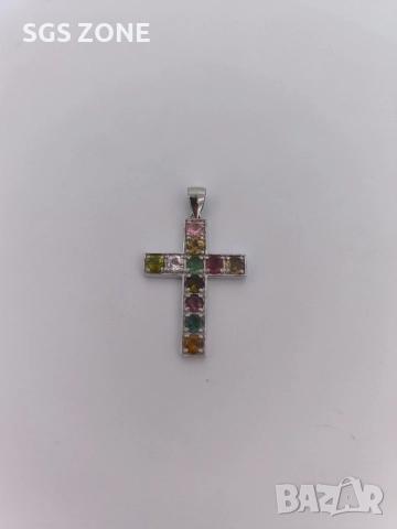 сребърен кръст с естествен мулти турмалин, снимка 2 - Колиета, медальони, синджири - 52392771