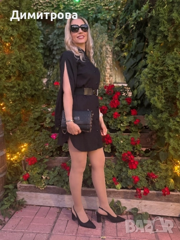 Дамска черна сатен памук рокля риза с колан и отворени ръкави , снимка 3 - Рокли - 49522099