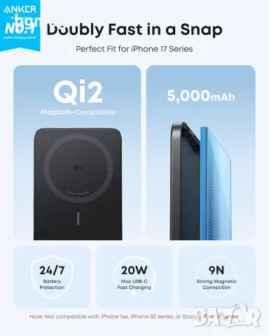 Anker Nano 5k MagGo Slim, 15W MagSafe Qi2, 5000mAh - външна батерия с вграденбезжичен пад, снимка 2 - Външни батерии - 56062592