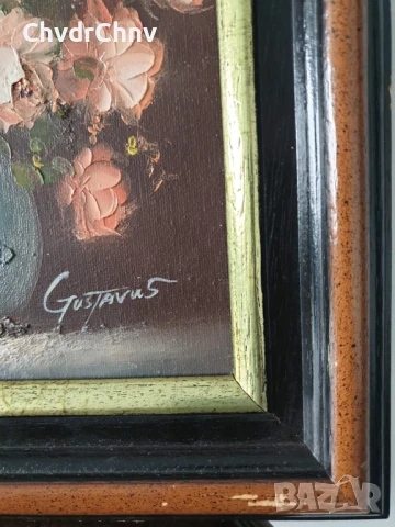Gustavus 33х28см/малка стара картина масло върху платно/натюрморт ваза с цветя/дървена рамка, снимка 4 - Картини - 50823368