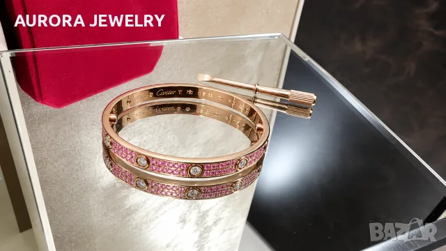 CARTIER Love Paved Capsule Rose Gold 10 Pink Sapphires Diamonds Гривна с Отверка, снимка 7 - Гривни - 56017635