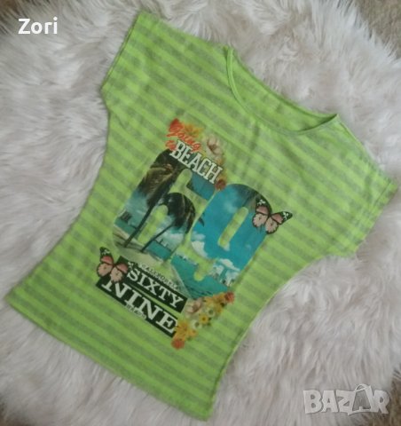 Тениска в неонаво зелено райе с щампа, снимка 1 - Тениски - 41081969
