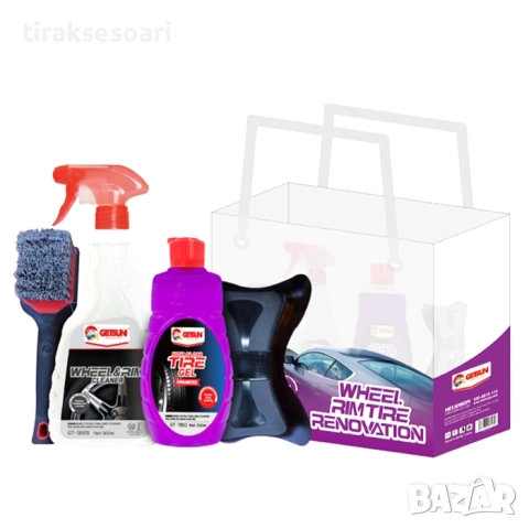 Препарати за почистване на гуми и джанти Getsun, комплект от гел, Четка, гъба, Препарат почистване