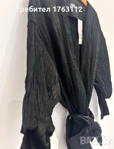 Zara черна текстурирана блуза кимоно с връзка отпред, размер L, нова с етикети, снимка 3 - Блузи с дълъг ръкав и пуловери - 55779282