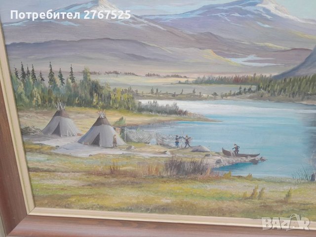 70х54см Картина индианци рисувана с маслени бои на Шведски Художник , снимка 2 - Картини - 40332971