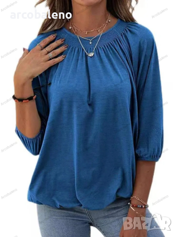 Едноцветна свободна дамска тениска с кръгло деколте и 3/4 ръкави, 8цвята , снимка 3 - Тениски - 44527835