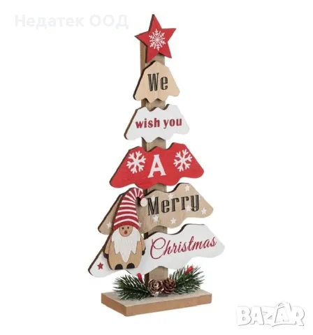 Коледна деоративна дървена табела, Елха, Червен, 25,5 см