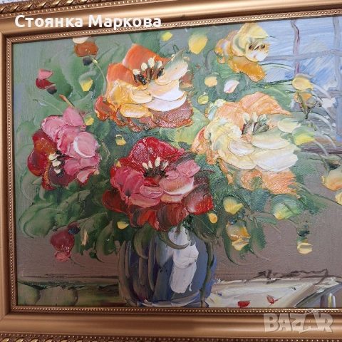 Рисувана картина ваза с цветя върху плат, снимка 2 - Картини - 53483117