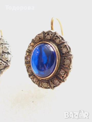 Стари антикварни златни обеци със сапфири и диаманти, злато 14к., 2 260 лв, снимка 3 - Обеци - 52211596