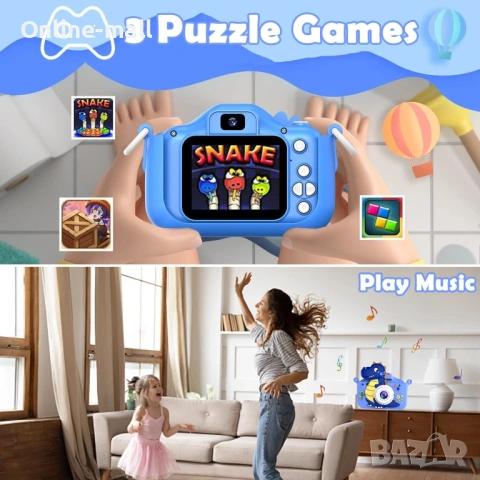 Детска дигитална камера с динозавър – Dual камера отпред и отзад, 1080P видео, 32GB карта, игри и ра, снимка 7 - Фотоапарати - 53244112