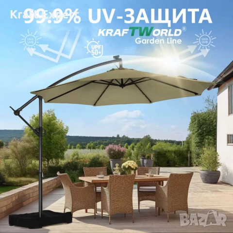 Градински Чадър с Регулируем Ъгъл и UV Защита – Ø300 см, 8 Ребра, снимка 9 - Градински мебели, декорация  - 51206161