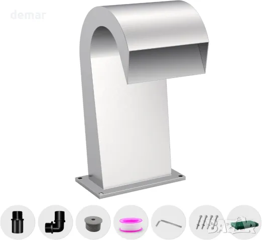 LONGRUNNEW Водопад преливник от неръждаема стомана фонтан за басейн извит с аксесоари, 42,5 см