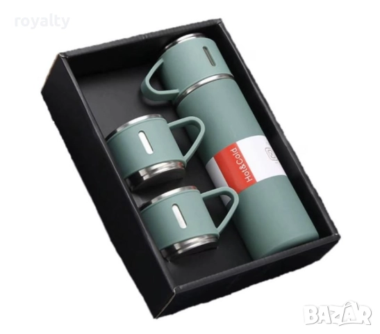 Подаръчен комплект термос с 3 чаши, зелен, розов, сив, снимка 5 - Други стоки за дома - 52651251