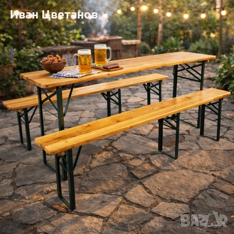 Сгъваем комплект градинска маса с 2 пейки - От чамово дърво, с отвор за чадър, снимка 3 - Градински мебели, декорация  - 53515277