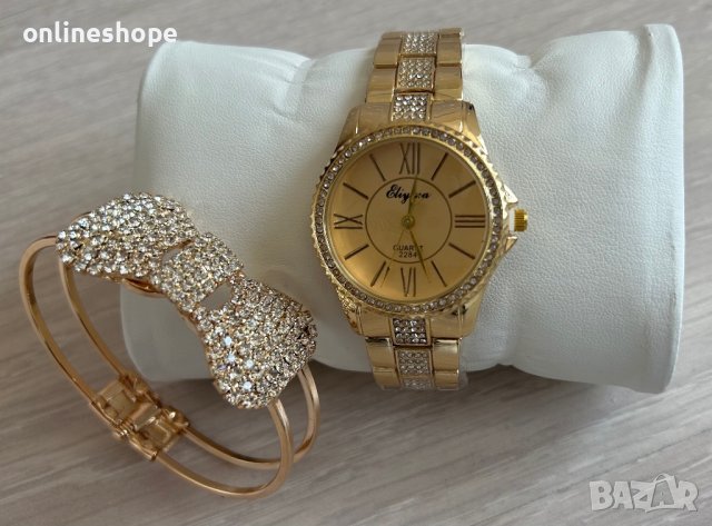 Луксозен комплект - златист часовник с гривна, снимка 2 - Дамски - 41343065