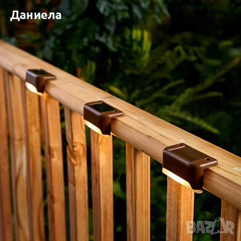 Комплект от 4 броя соларни LED лампи за стълби и огради – Водоустойчиви IP44, топла светлина, снимка 4 - Лед осветление - 53833193