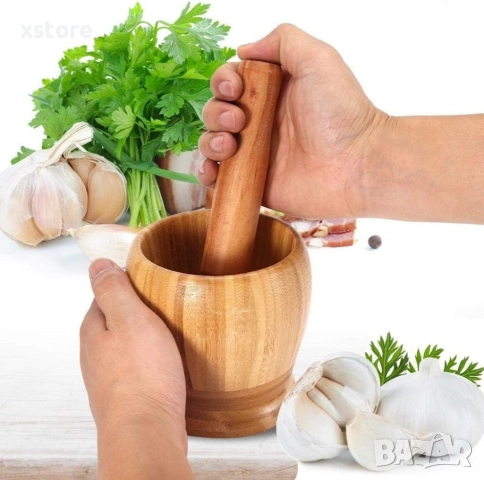 Бамбуково хаванче с чукало за чесън и подправки, 10х10 см / Външен размер 10х10 вътрешен отвор 6.5см, снимка 4 - Други стоки за дома - 52699634