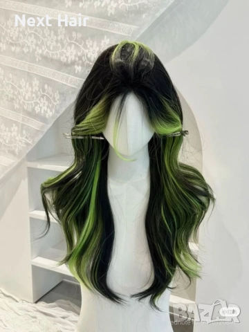 Синтетична черна чуплива перука с лимонено-жълто-зелени краища, снимка 6 - Аксесоари за коса - 52897709