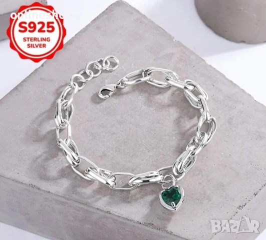 S925 Сребро / Сребърна гривна със зелен цирконий - 20см, снимка 2 - Гривни - 49256820